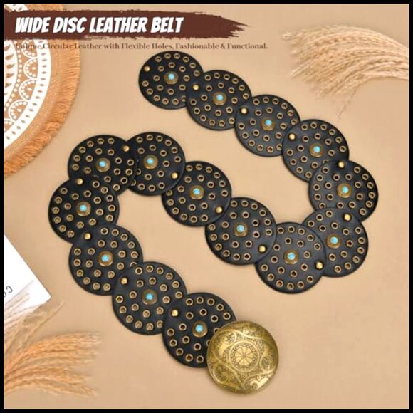 Western Wide Disc Belt Boho Cowgirl Turquoise Concho Faux Leather Adjustable main image 5